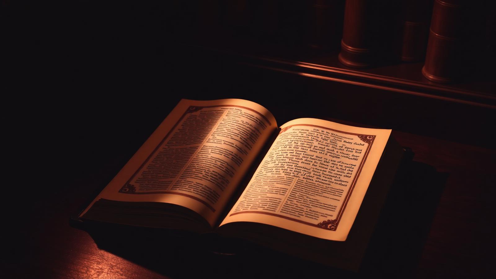 An open leather-bound book lit by a single warm lamp