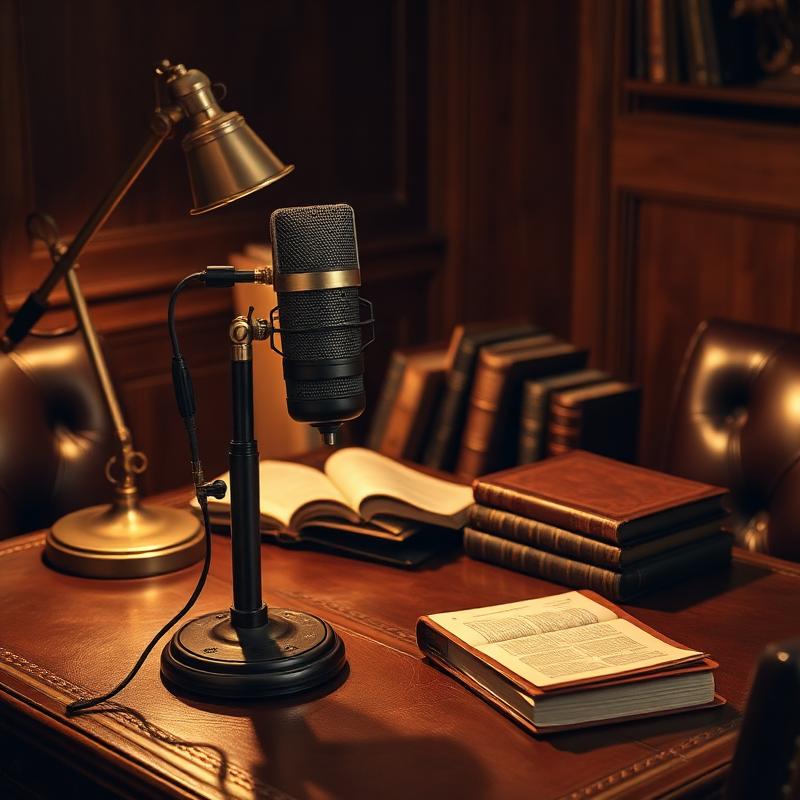 A podcast desk with a vintage microphone and leather-bound books