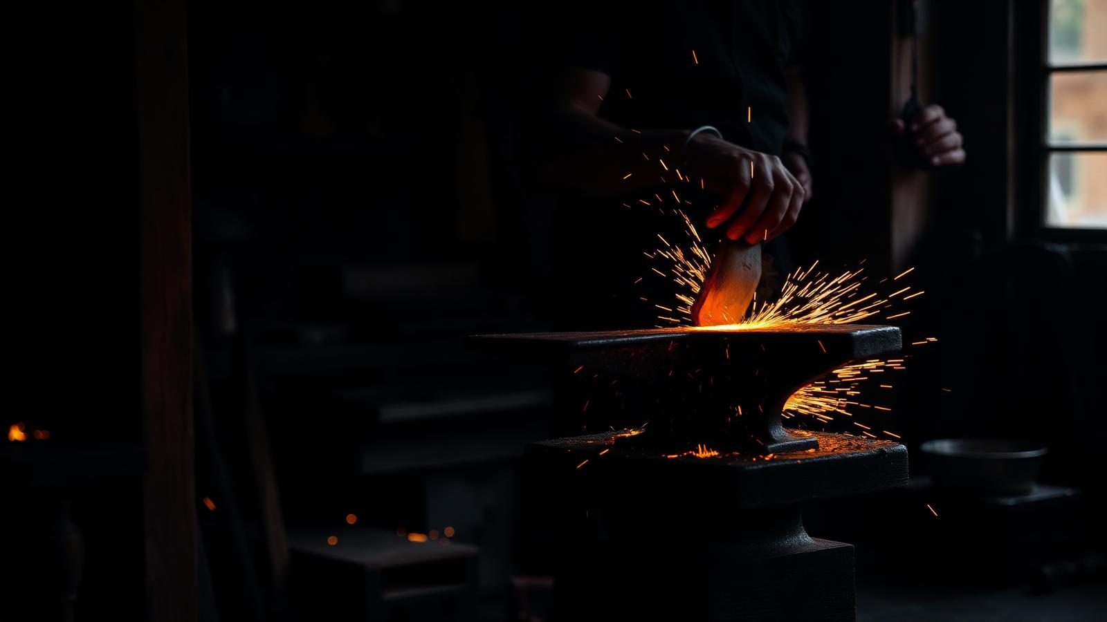 A blacksmith striking glowing iron on an anvil