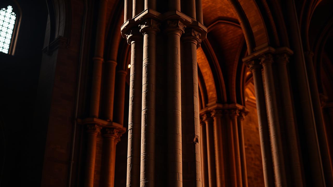 Gothic cathedral pillars in dramatic light